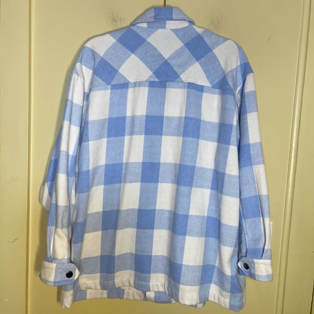 Men’s Blue & White Plaid Flannel Shirt Jacket